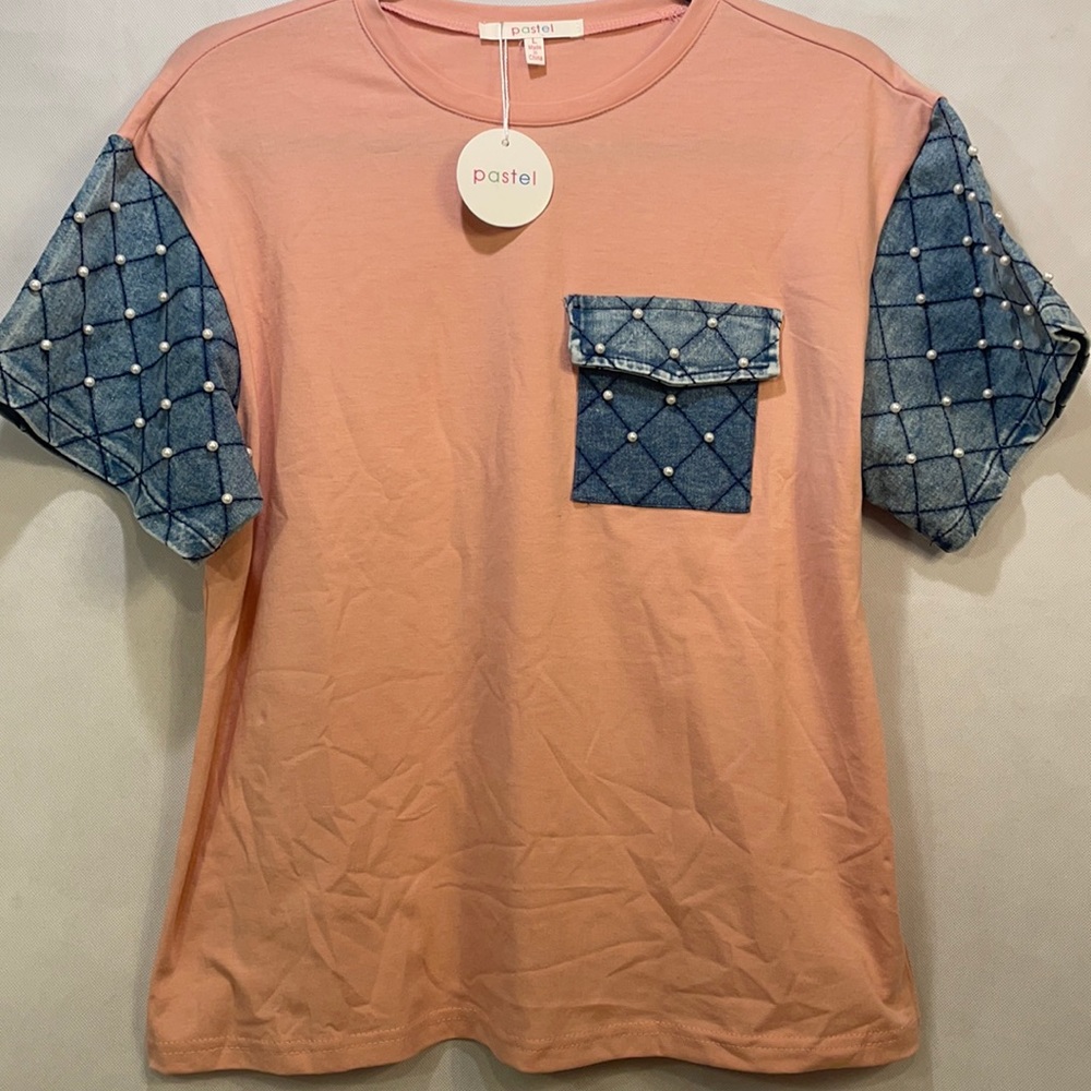 Bedazzled Salmon Pearl Jean Pocket Blouse